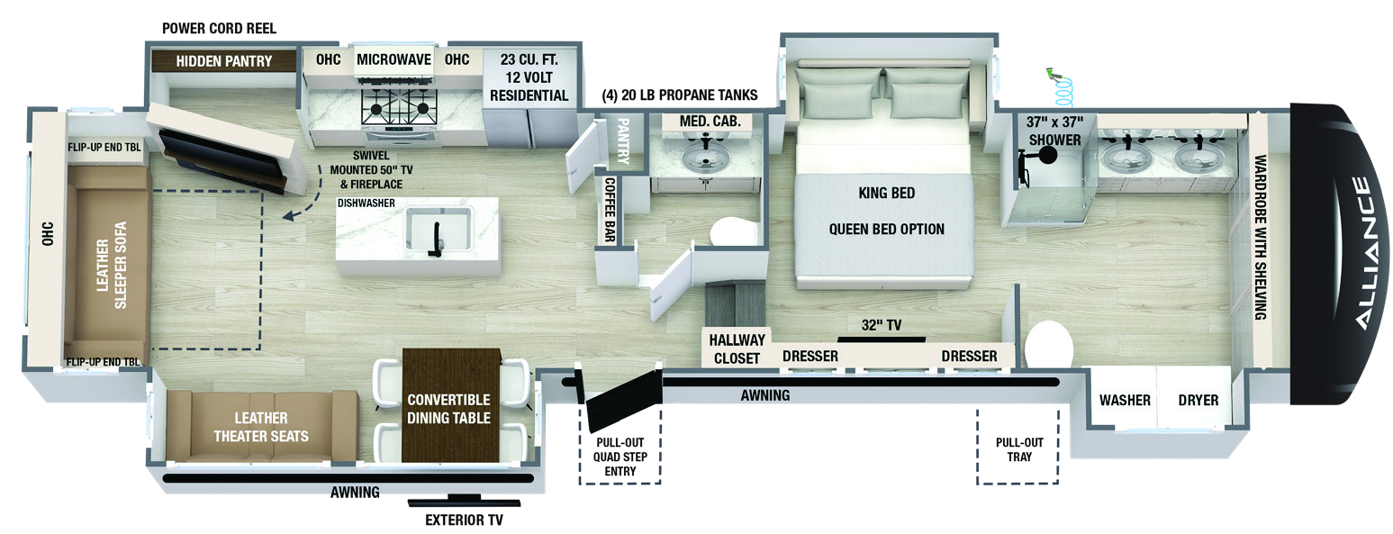 Alliance Aurum 38FB floorplan showing the rear living area, central kitchen and half bath, bedroom and front bathroom