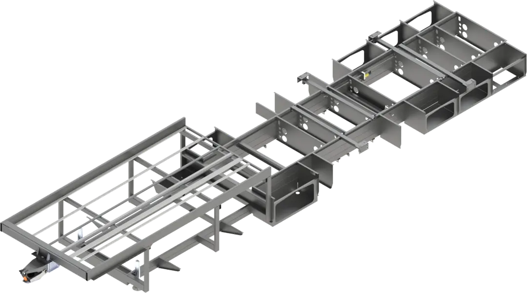 Rendering of the bare Fortis chassis, with its open-span front section, stacked steel tubes and full-length middeck.